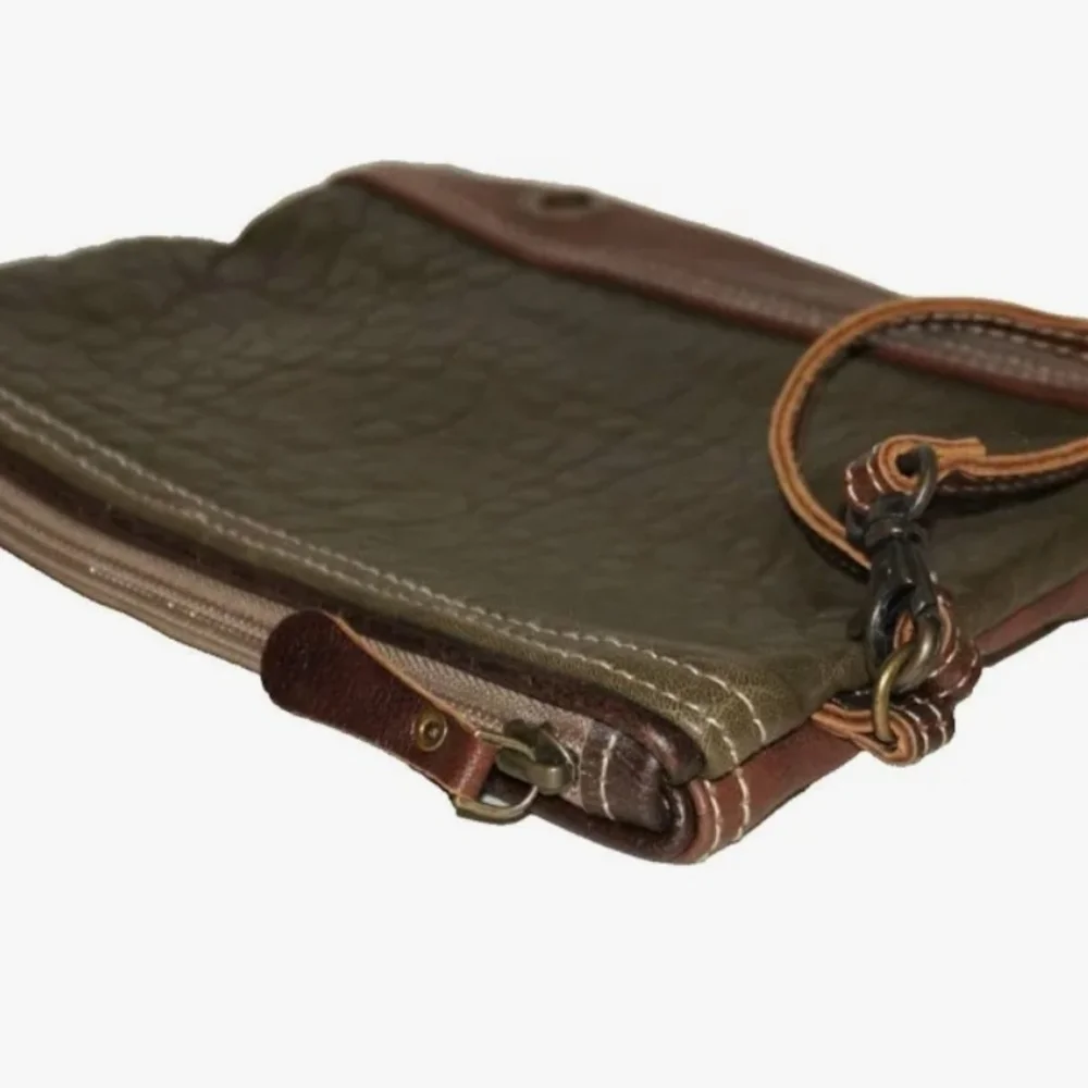 Myra Bag Leather Wristlet Clutch - Olive Green and Brown